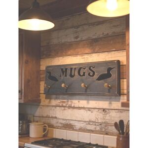 Rustic Vintage Wood Mug Rack Wall Mounted 4 Peg Coffee Cup Holder Loon Farmhouse